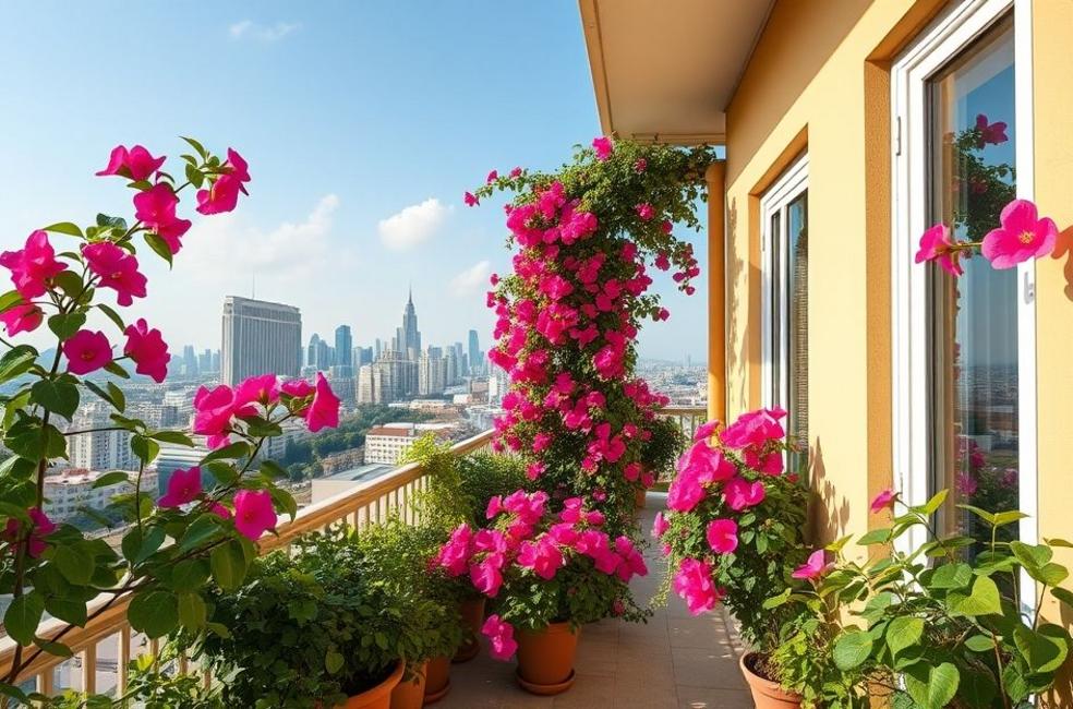 Vários vasos de bougainville com flores coloridas em uma varanda ensolarada.