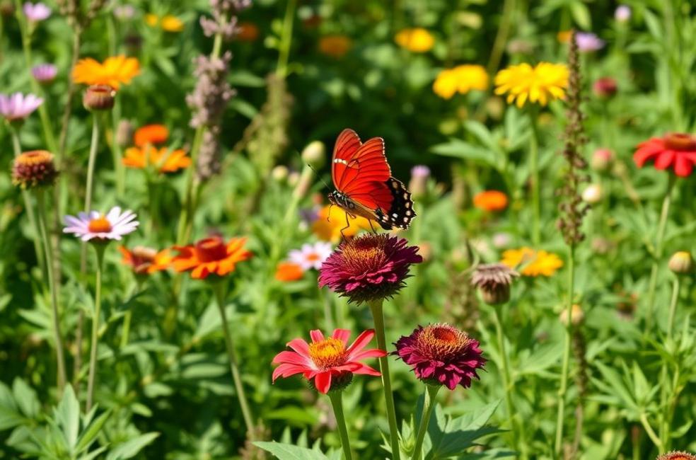 Imagem de capa mostrando bicudo‑vermelho em um jardim colorido.