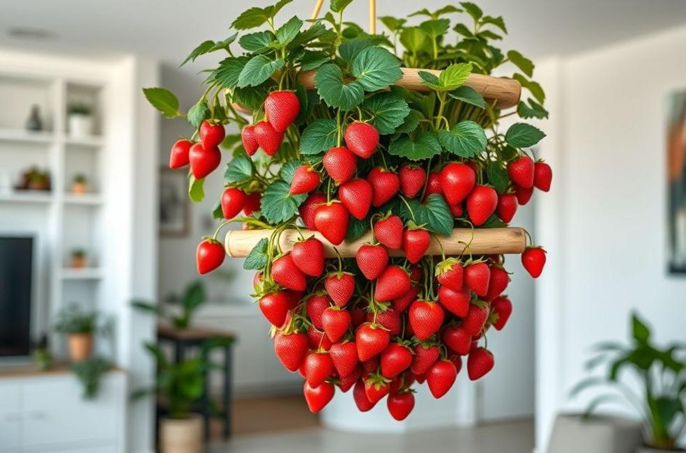 Canteiro suspenso de morangos em apartamento