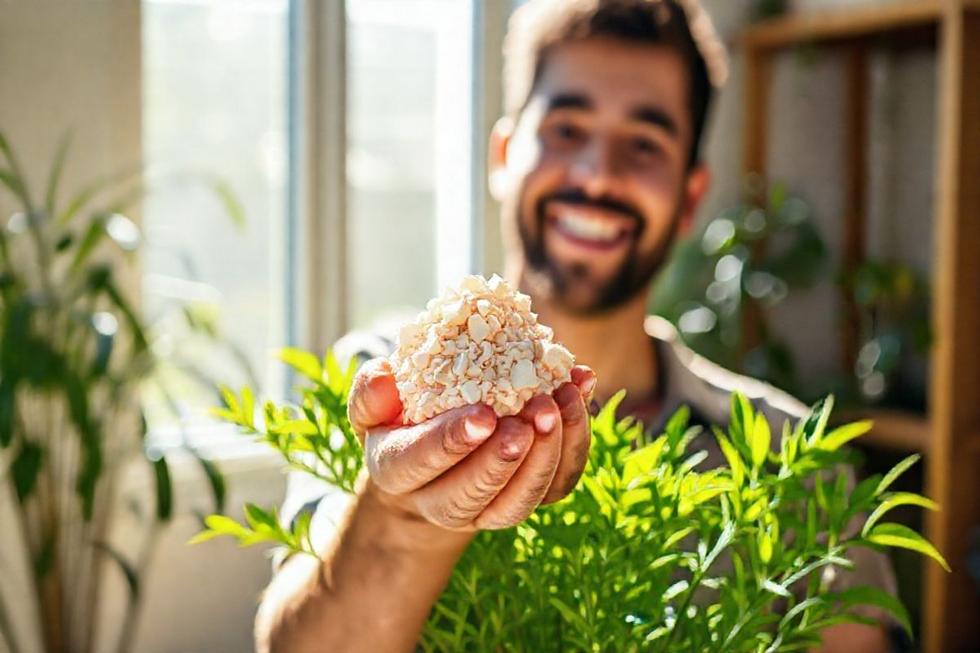 Pessoa sorrindo segurando cascas de ovo ao lado de plantas saudáveis