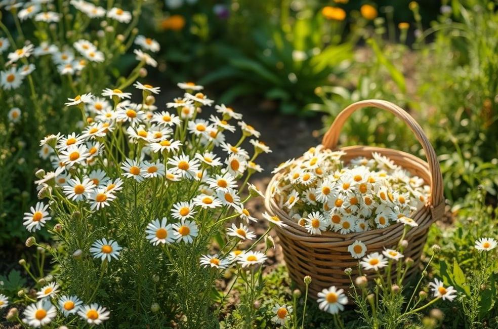 Jardim de camomila sob luz solar com flores prontas para colheita