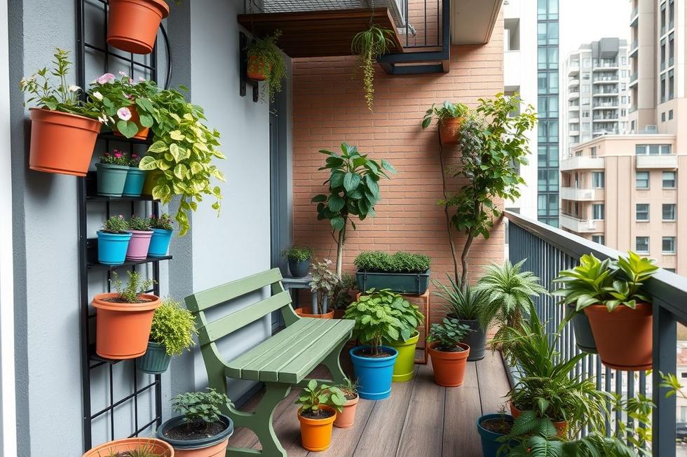 Varanda com horta caseira e composteira discreta ao fundo