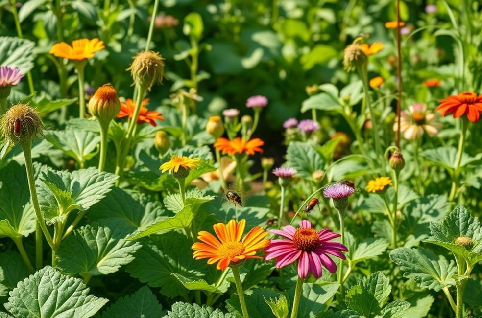 Jardim com verduras, flores e insetos benéficos demonstrando controle natural de pragas