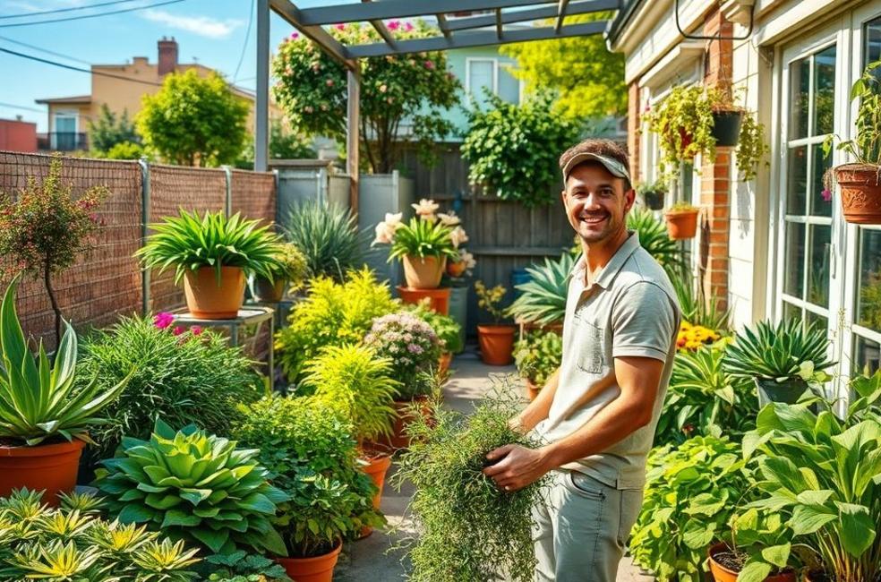 Imagem de um jardim doméstico com diversas plantas saudáveis