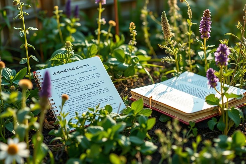 Vasos com folhas verdes de eucalipto, hortelã, camomila e erva-doce em uma cozinha iluminada