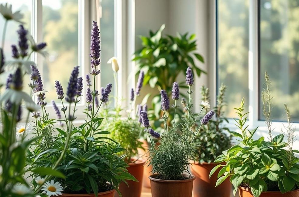 Vasos de camomila, lavanda, hortelã-pimenta e alecrim em um ambiente interno iluminado