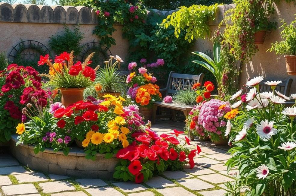 Jardim pequeno com flores vibrantes que permanecem frescas