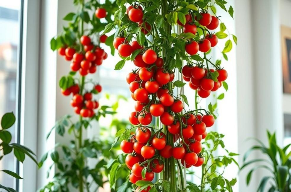Capa: horta vertical de tomates em garrafas PET em apartamento