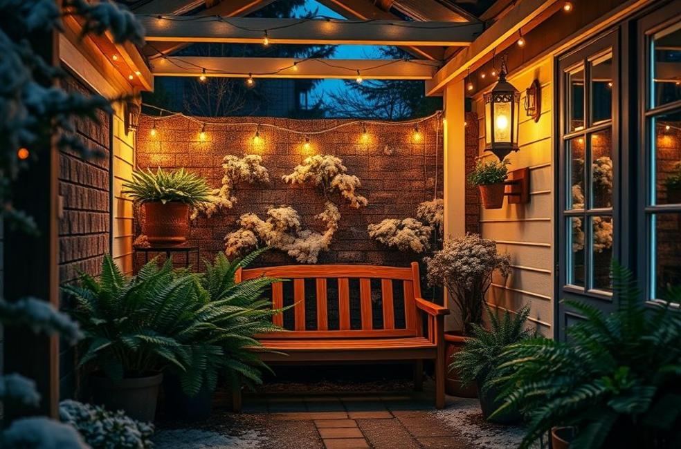 Imagem de um jardim de inverno à noite, iluminado por luzes quentes que destacam vasos de plantas e um banco de madeira.