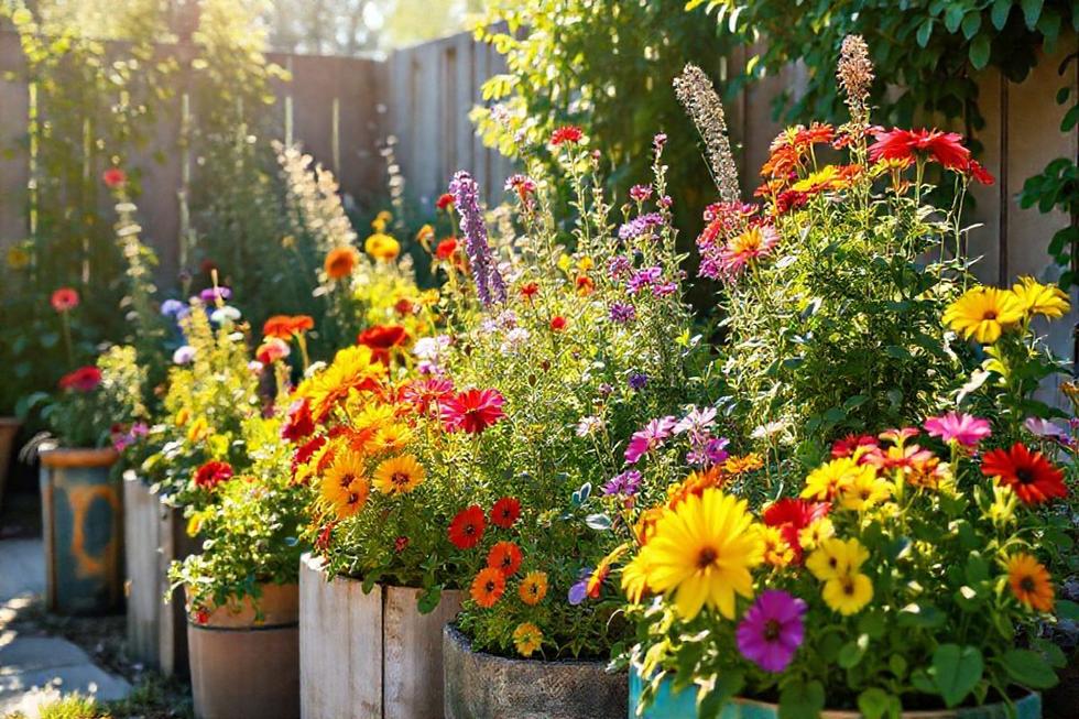 Jardim pequeno e econômico com flores e ervas