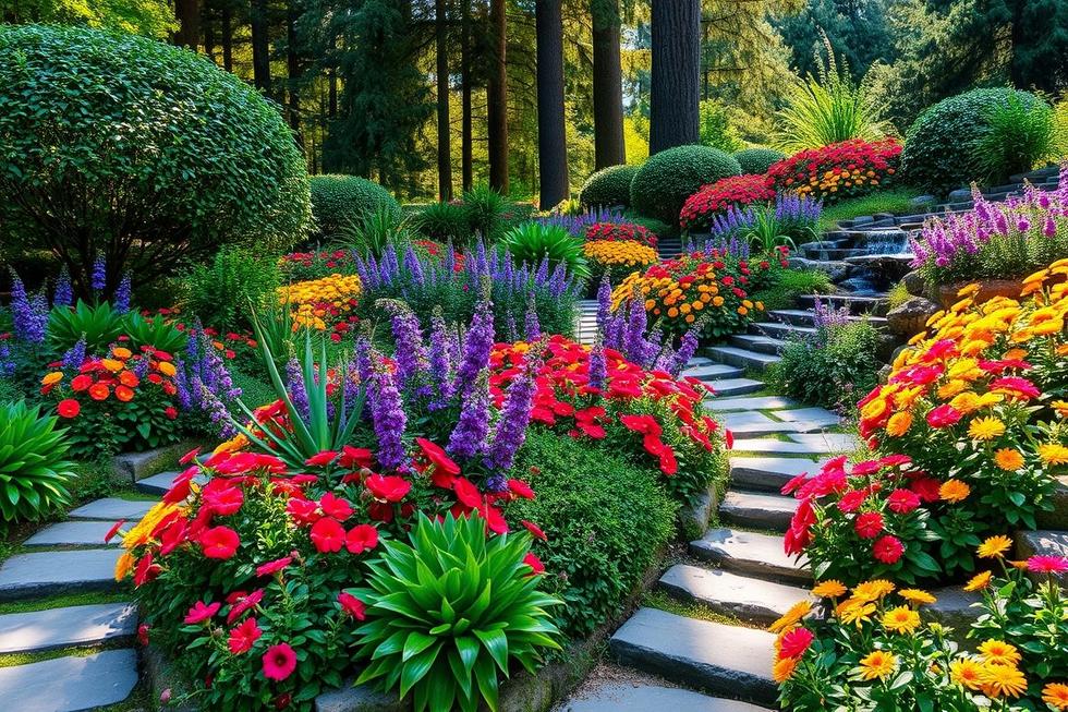 Imagem de um jardim econômico e colorido, mostrando vasos reciclados e plantas saudáveis