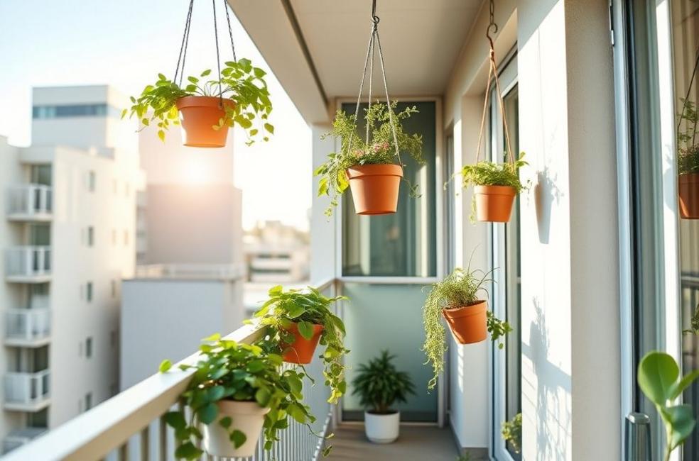 Jardim de bolso em vaso suspenso na sacada de apartamento moderno