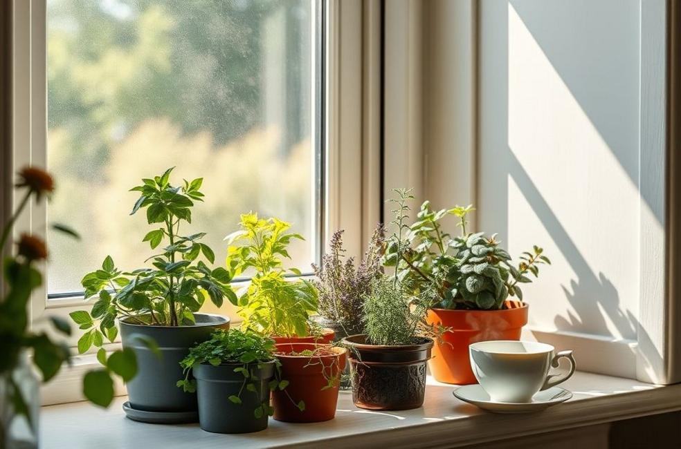 Vasos com diferentes ervas medicinais na janela de uma casa