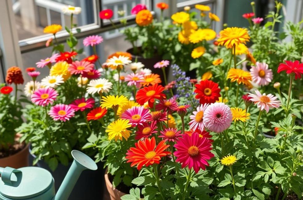 Varanda com jardim sem insetos, flores coloridas e ambiente saudável.