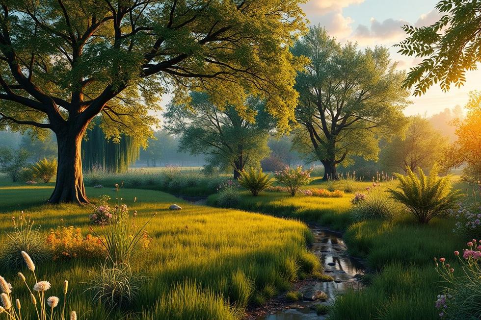 Imagem capa mostrando um jardim naturalista vibrante ao amanhecer.