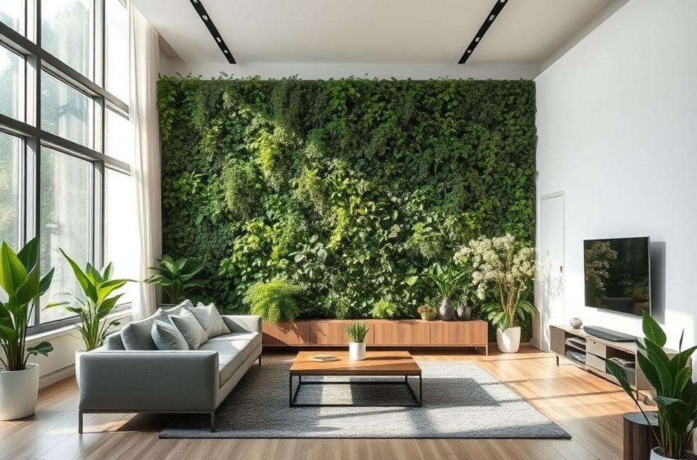 Parede de apartamento com jardim vertical exuberante, iluminada por luz natural