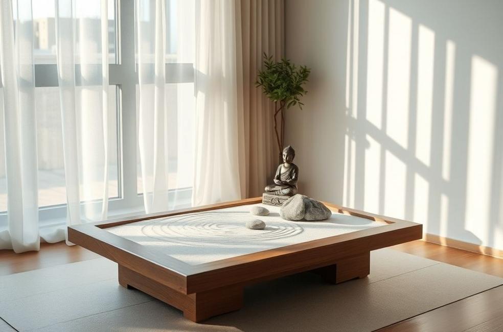 Jardim zen dentro de casa, com areia, pedras e mini Buda, transmitindo tranquilidade