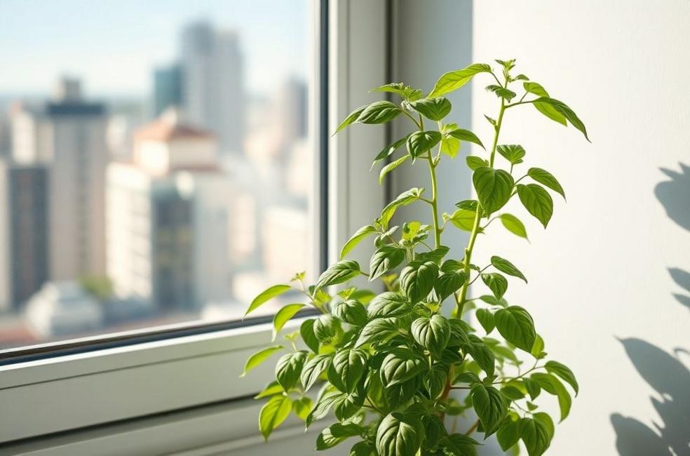 Manjericão saudável em vaso na janela de um apartamento urbano