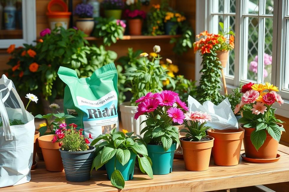 Capa mostrando um jardim interno com vasos e um pote de mistura de solo ao lado