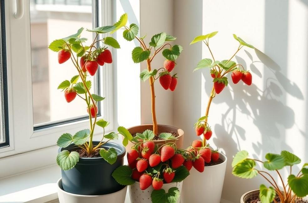 Vaso de morango em ambiente interno com frutas maduras