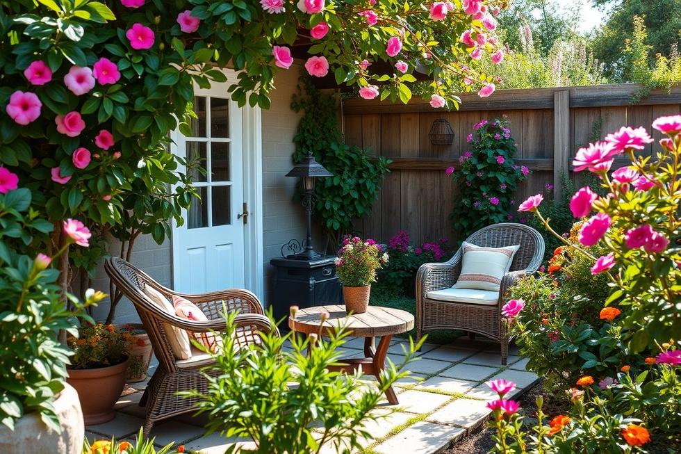 Imagem de um quintal exuberante com flores, área de lounge e iluminação ao entardecer