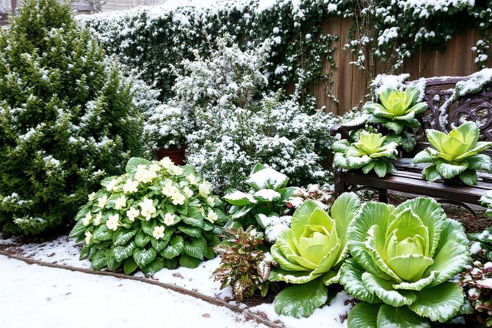 Jardim de inverno com boxwood, jasmininho e repolho ornamental sob neve leve