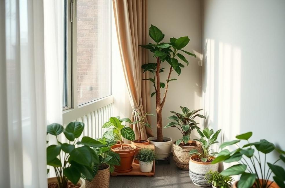 Imagem de um cantinho de apartamento decorado com plantas que prosperam em sombra.