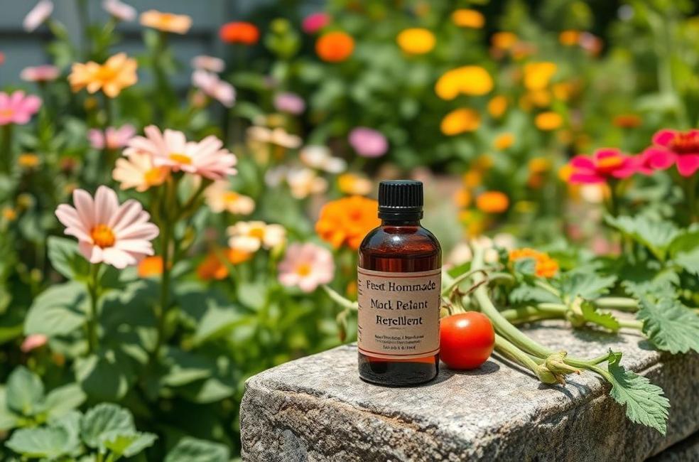 Imagem de um jardim exuberante com plantas saudáveis e um frasco de repelente natural ao fundo.