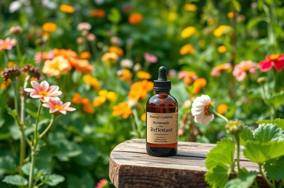 Imagem mostrando um jardim florido e saudável ao lado de um frasco de repelente natural caseiro