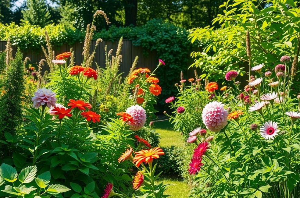 Jardim cheio de vegetação saudável e flores coloridas ao sol