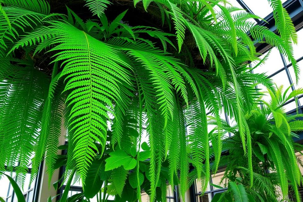 Ambiente interno decorado com samambaias, mostrando possibilidades de paisagismo