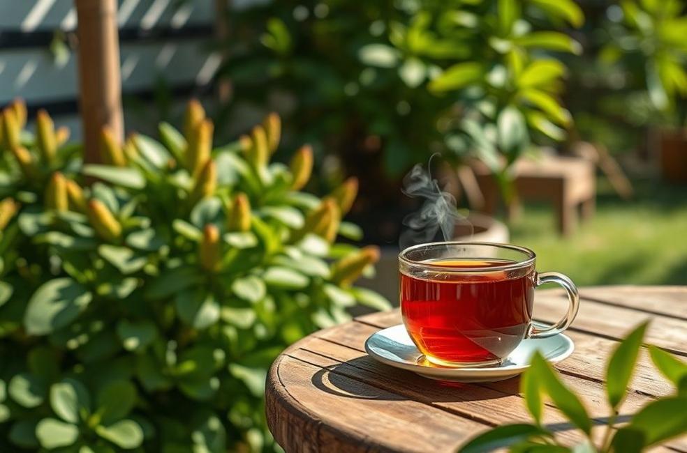 Planta de guaco cultivada no jardim ao lado de uma xícara de chá de guaco quente.