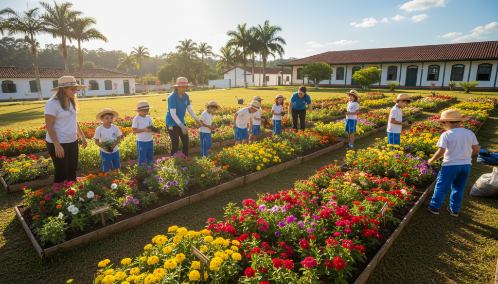 Flores das Escolas sendo plantadas por alunos em Bagé