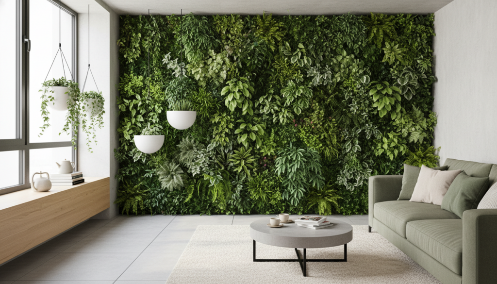 Jardinagem em espaços pequenos — análise visual detalhada de um jardim vertical moderno montado em apartamento urbano.
