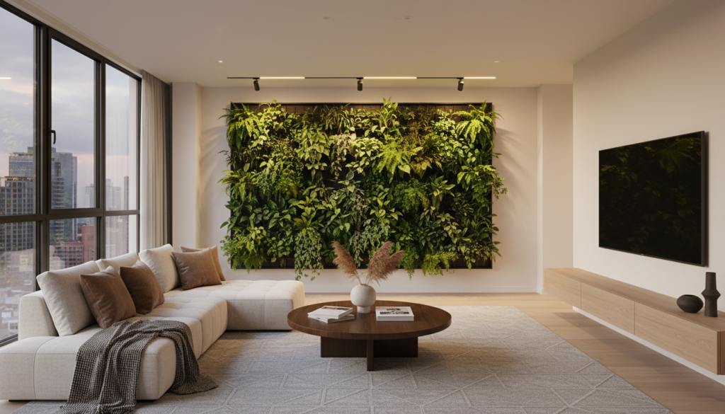 jardim vertical dentro de casa — análise visual detalhada da estrutura modular e das plantas pendentes na sala.