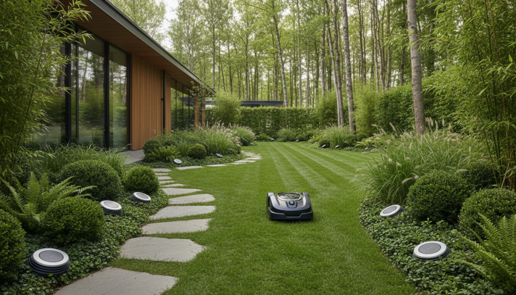 tecnologia para o jardim — análise visual detalhada de um quintal automatizado e impecável.