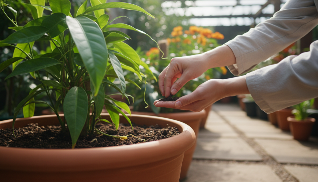 como regar o jardim — análise visual detalhada das mãos checando a umidade do solo em um vaso doméstico